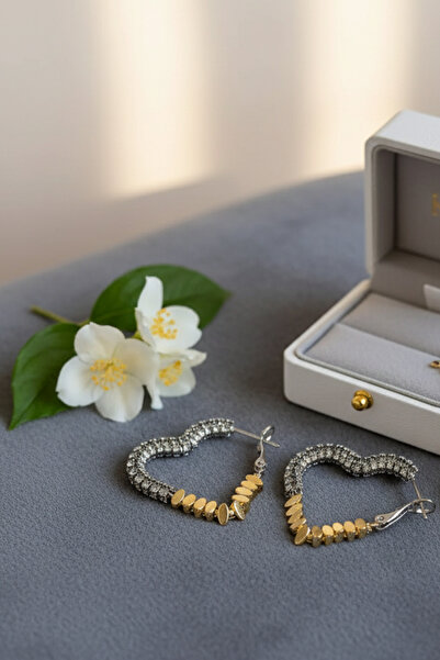 Birmem Kadın Çift Renkli Zirkon Taşlı ve Gold Pullu Tasarım Kalp Halka Küpe