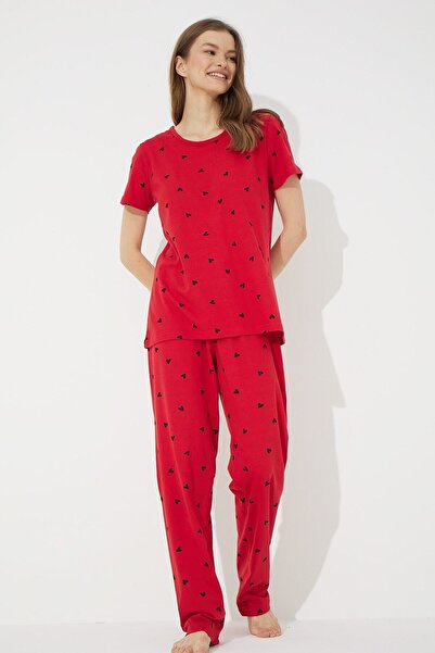 Siyah İnci Κόκκινο κοντομάνικο βαμβακερό σετ πιτζάμες