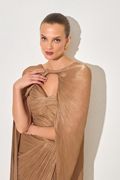 Setre Dark Gold Cape and Drape Detailed Wide Fit Evening Dress