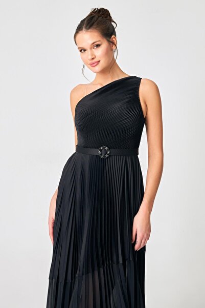 Setre Black One Shoulder Evening Dress with Belt and Transparent Detail at the Waist and Skirt