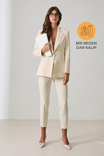 Setre Cream Single Button Detailed Jacket, Slim Fit Trousers Suit with Pocket Detail