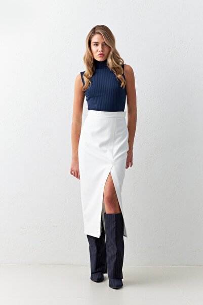Setre Ecru Asymmetrical Waist-Seated Slit Detailed Midi Skirt