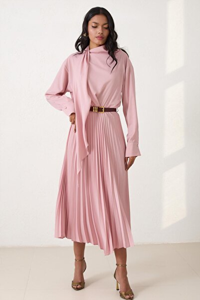 Setre Powder Belt Detailed Pleated Long Sleeve Midi Dress