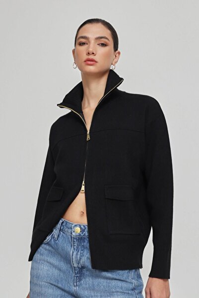 Amia&Co. Cardigan de damă din tricot cu fermoar din viscoză neagră