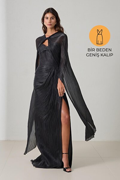 Setre Black Cape and Drape Detailed Wide Fit Evening Dress