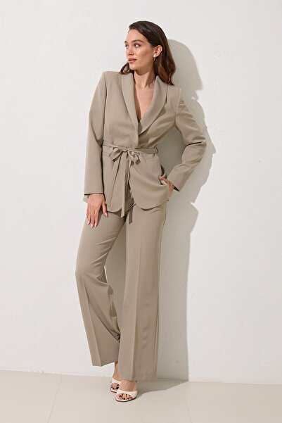 Setre Olive Waist Tie and Pocket Detailed Jacket and Relaxed Cut Trousers Set