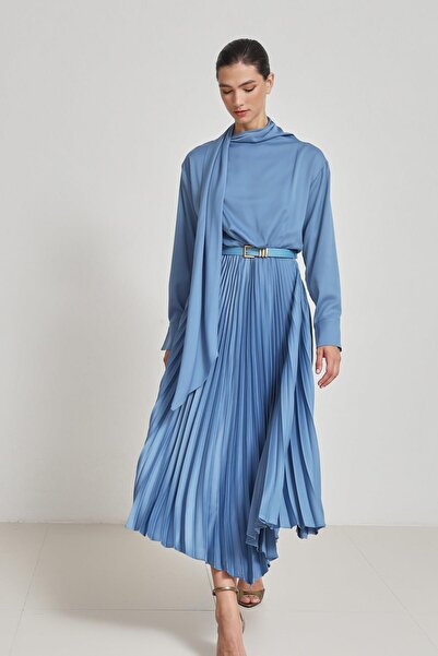 Setre Індиго Кемер Детальне плісироване довге рукавне плаття середньої довжини
