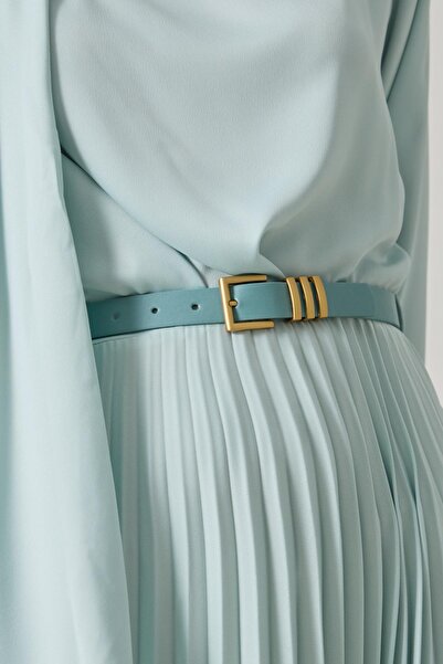 Setre Водяно-зелене плаття з поясом, з довгими рукавами та плісированими деталями, середньої довжини