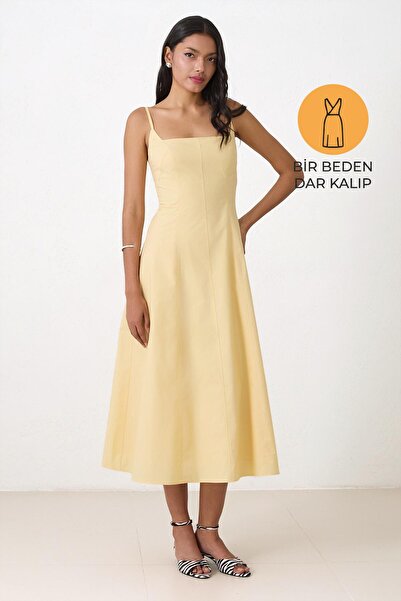 Setre Butter Yellow Slim Fit 100% Cotton Strap Waist Midi Length Slim Fit Dress