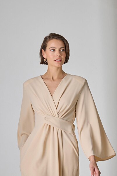 Setre Μπεζ φόρεμα με λαιμόκοψη σε σχήμα V με μακρύ μανίκι και λεπτομέρεια στη μέση, μήκους midi