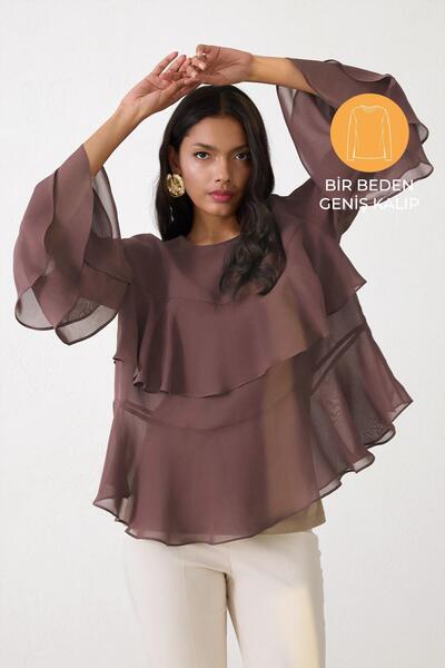 Setre Bluză cu croiala largi, cu șal și mâneci, maro amar