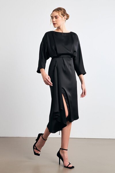 Setre Rochie midi cu mâneci lungi - confortabilă croială și negru cu talie ajustată