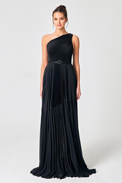 Setre Black One Shoulder Evening Dress with Belt and Transparent Detail at the Waist and Skirt