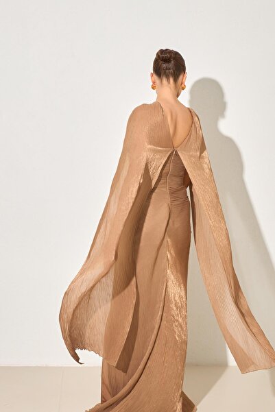Setre Dark Gold Cape and Drape Detailed Wide Fit Evening Dress