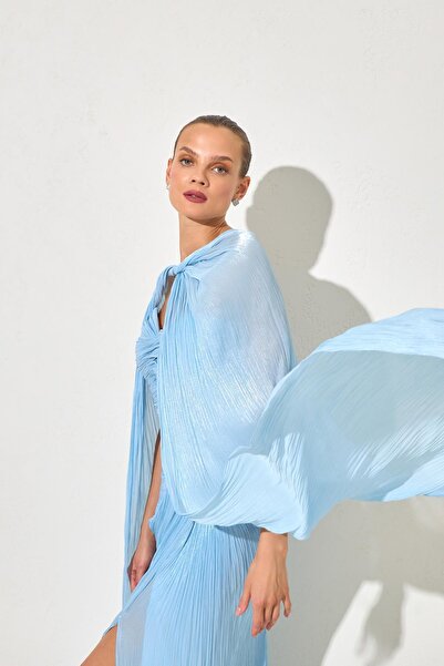 Setre Blue Cape and Drape Detailed Wide Fit Evening Dress