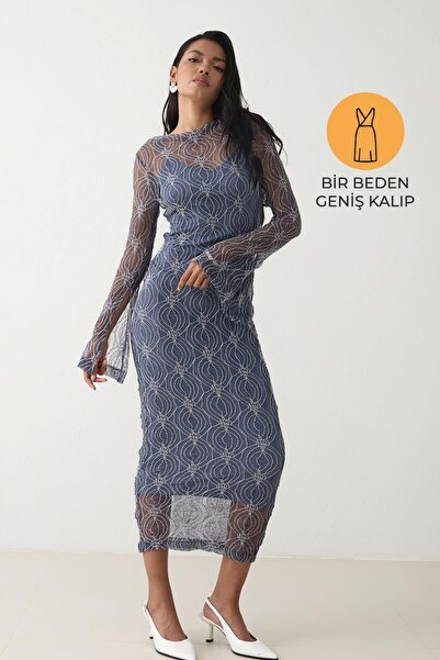 Setre Індиго Широкий крій Прозорий Детальний візерунок Середньої довжини Сукня з підкладкою