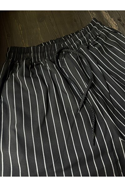 Netto İş Elbiseleri Men's Italian Black and White Striped Elastic Waist Chef Pants