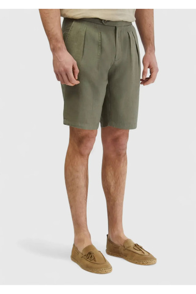 Ramsey Khaki Plain Woven Carrot Fit Casual 100% Linen Bermuda