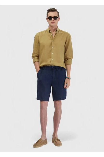 Ramsey Navy Blue Plain Woven Carrot Fit Casual 100% Linen Bermuda