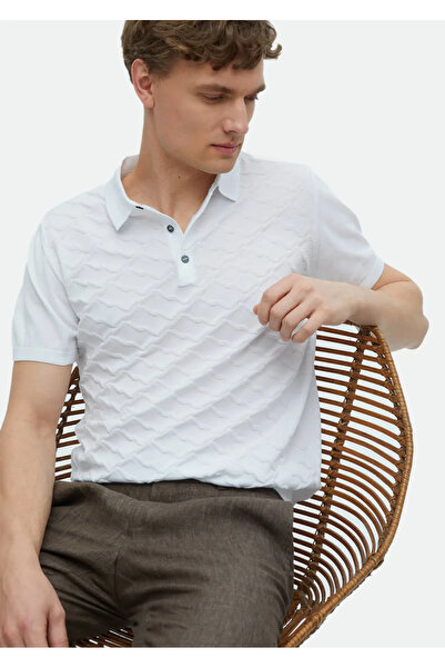Ramsey Λευκό Polo Neck Jacquard 100% βαμβακερό πλεκτό