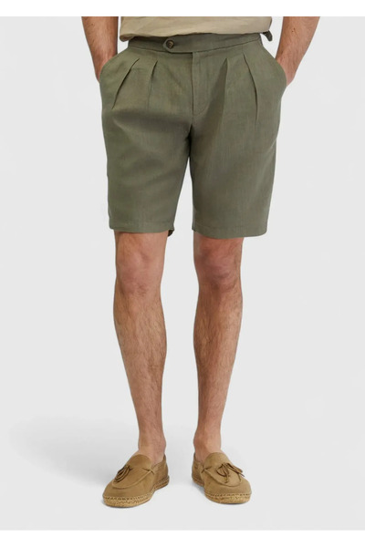 Ramsey Khaki Plain Woven Carrot Fit Casual 100% Linen Bermuda