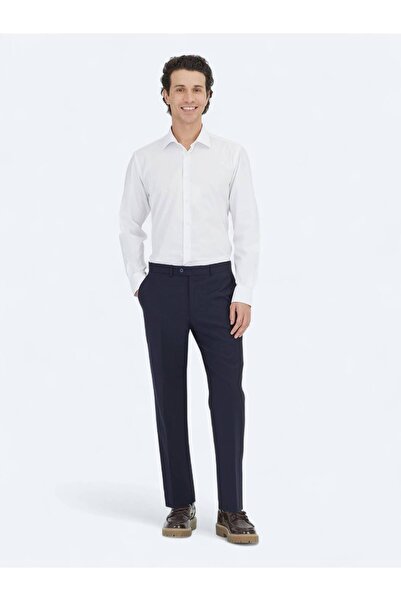 Kip Navy Blue Plain Weave Fitted Fit Classic Wool Blend Trousers