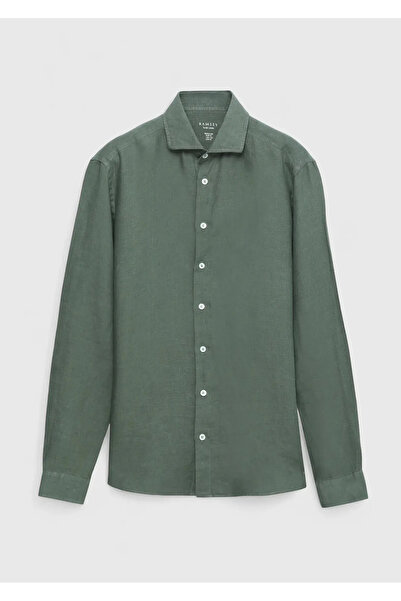 Ramsey Πουκάμισο από 100% λινό υφαντό casual ελεύθερου τύπου Khaki Plain