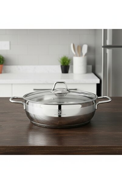 Sofram Turkish Soft Steel Low Cooking Pot with Glass Lid, 5.30 Liter Size, 28 cm