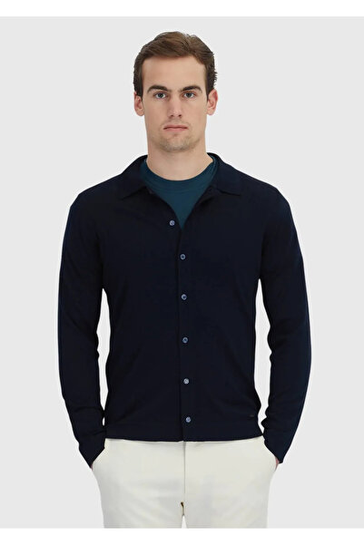 Ramsey Navy Blue Polo Neck Plain Knit Wool Blend Cardigan