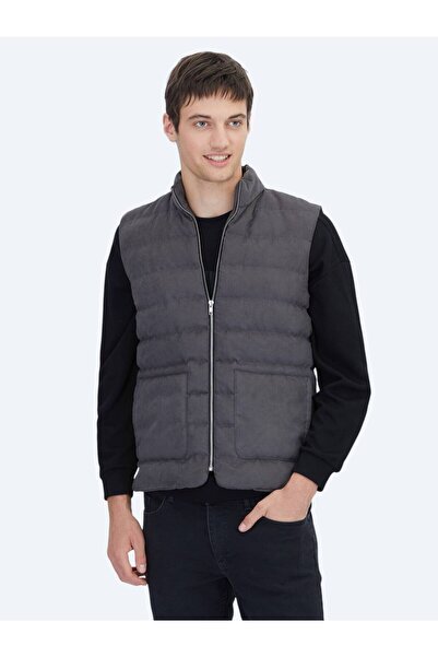 Kip Gri Regular Fit Dik Yaka Casual Dokuma Spor Yelek