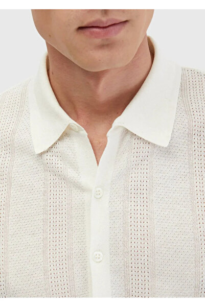 Ramsey Ecru Polo Neck Jacquard Linen Blended Cardigan