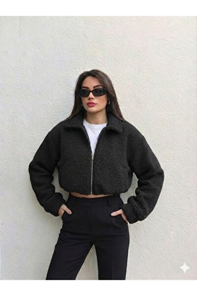 PINTORE Kadın Siyah Fermuarlı Kıvırcık Kumaş Kısa Ceket