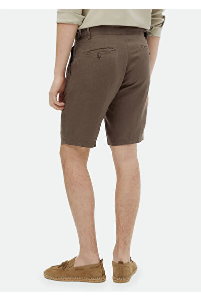 Ramsey Brown Linen Bermuda - Plain Weave, Carrot Fit, Casual 100% Linen