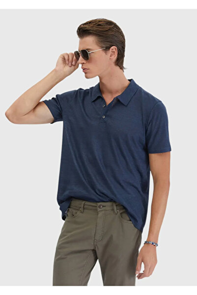 Ramsey Navy Blue Plain Polo Neck 100% Linen T-Shirt
