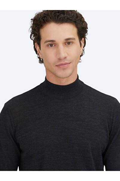 Kip Πουλόβερ από μάλλινο πλεκτό ανθρακί με μισό ζιβάγκο ζακάρ