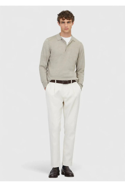 Ramsey Stone Polo Neck Plain Knit Wool Blend Sweater