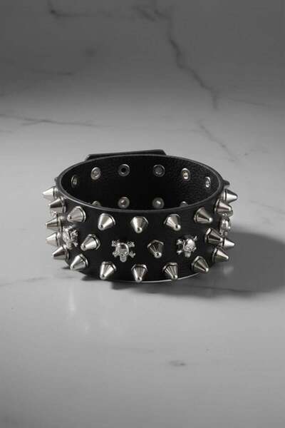 Karakedi Siyah Gotik 3 Şerit Skull Dikenli Detaylı Deri Bileklik