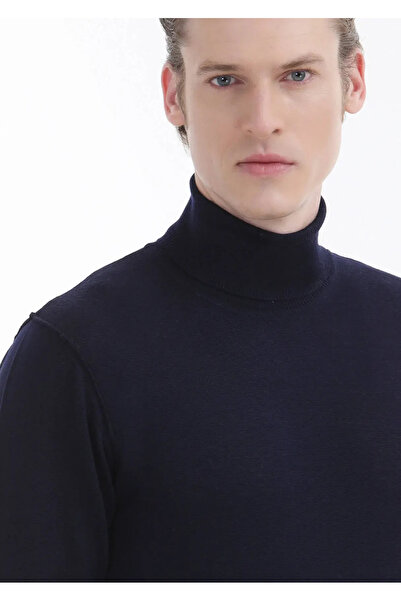 Ramsey Πλεκτό πουλόβερ με ίσιο ζιβάγκο Navy Blue 100% μαλλί