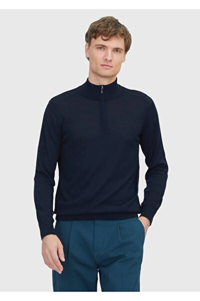 Ramsey Lacivert Yarım Balıkçı Yaka Düz Örgü Yün Karışımlı Triko Kazak