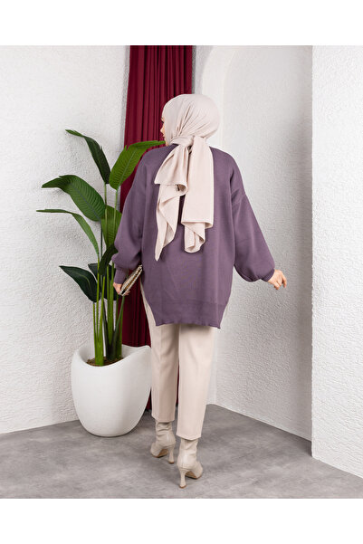 Sfg Life Moda Πέτρινη Λεπτομερής λαιμόκοψη ποδηλάτου με σχισμή πλεκτό χιτώνα μεγάλου μεγέθους - μπαλόνι μανίκι