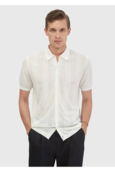 Ramsey Ecru Polo Neck Jacquard Linen Blended Cardigan