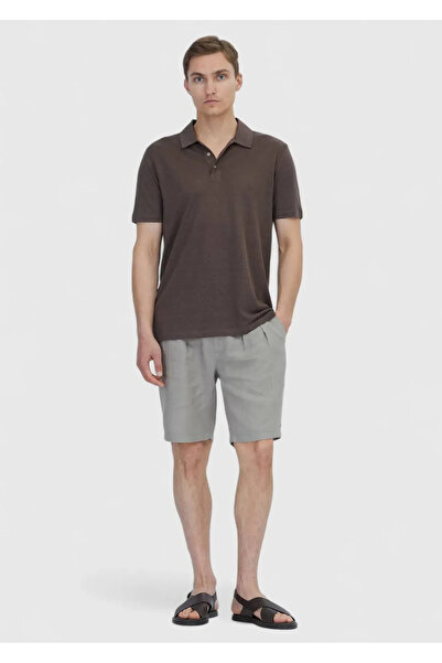 Ramsey Brown Plain Polo Neck 100% Linen T-Shirt