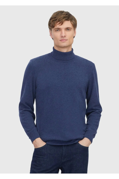 Ramsey Indigo Full Turtleneck Solid Knit Wool Blended Knitwear Sweater