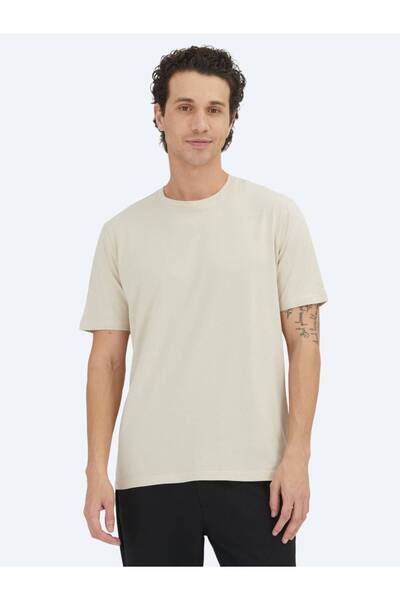 Kip Beige Plain Crew Neck 100% Cotton T-Shirt