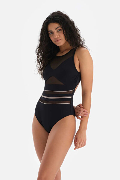 Dagi Costum de baie negru transparent cu gât cu halter