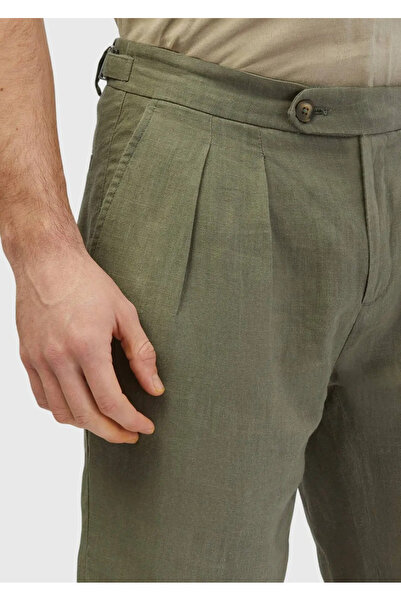 Ramsey Khaki Plain Woven Carrot Fit Casual 100% Linen Bermuda