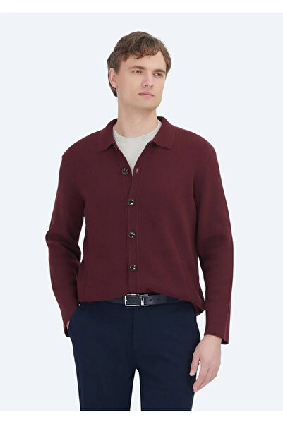 Ramsey Burgundy Polo Neck Plain Knit Wool Blend Cardigan