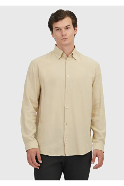 Ramsey Bej Düz Loose Fit Dokuma Casual Yün Karışımlı Gömlek
