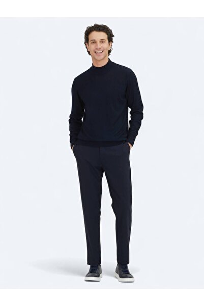 Kip Navy Blue Half Turtleneck Jacquard Wool Blended Sweater