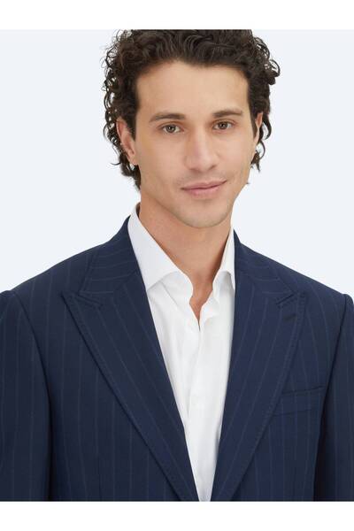 Kip Navy Blue Striped Modern Fit Wool Blend Suit